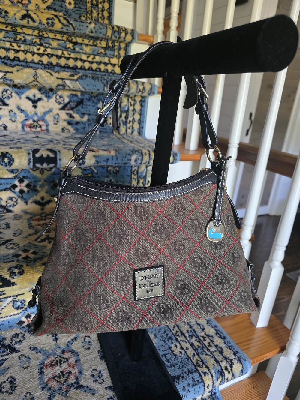 Dooney & Bourke Brown Monogram Shoulder Bag with Red Stitching